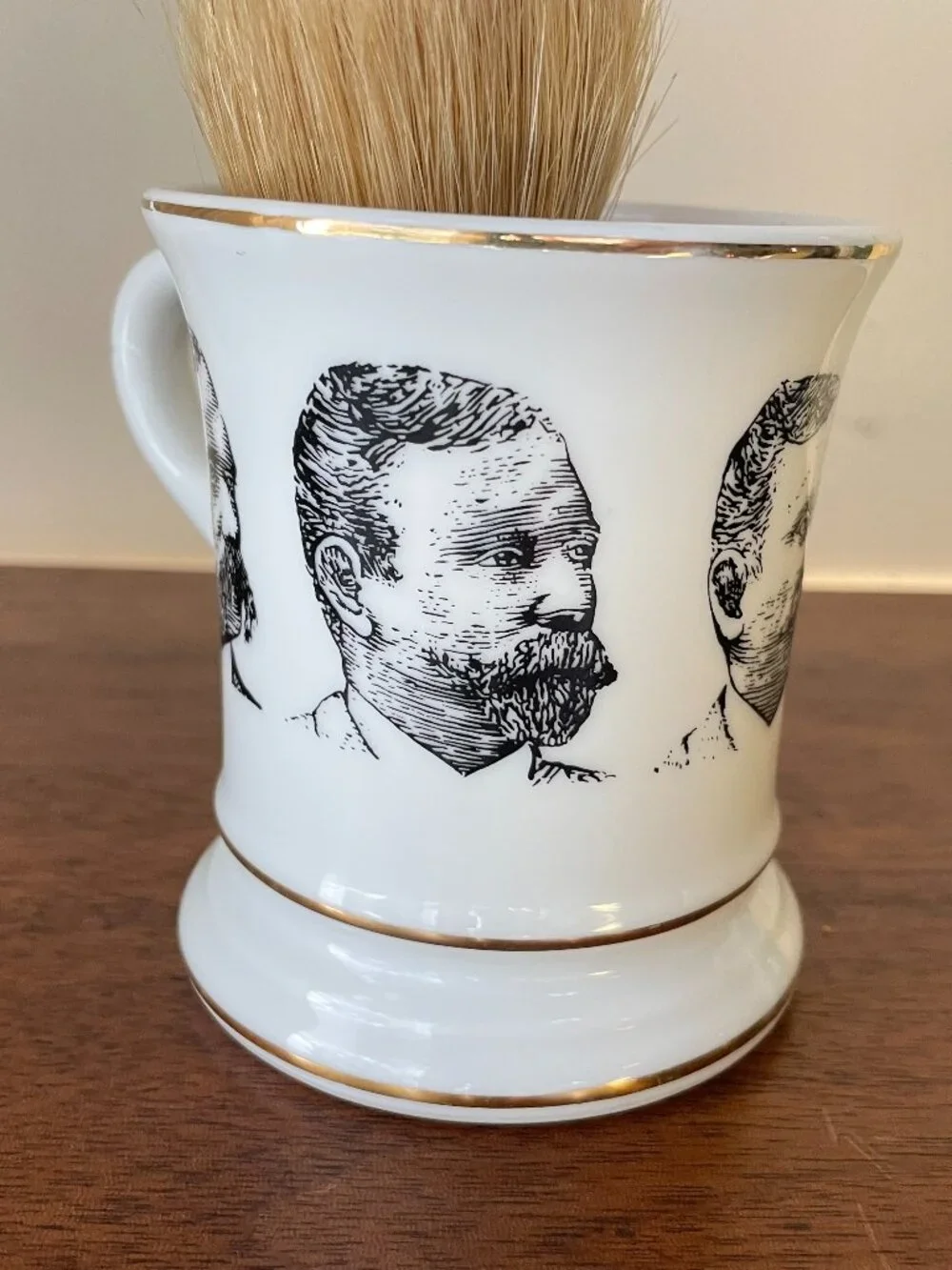 VTG Porcelain Barber's Mug Mustached Gentlemen & Shaving Brush Barbershop